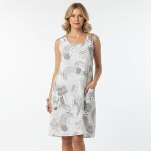 Lands Downunder 100% Linen White Blue Gray Sleeveless Dress M